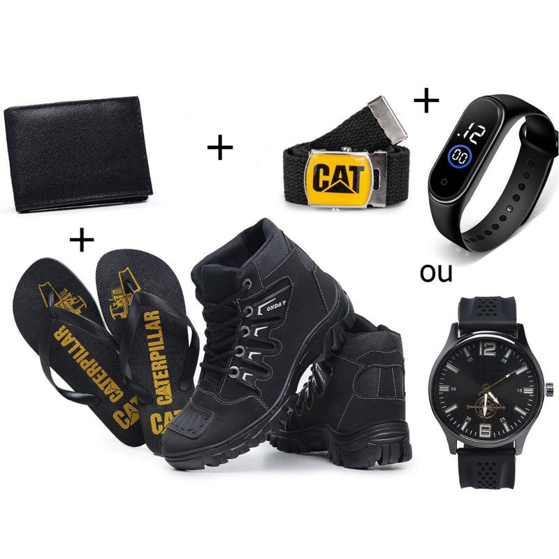 Kit Bota Coturno Masculino Caterpillar Adventure Onset + Chinelo + Carteira + Cinto e Relógio